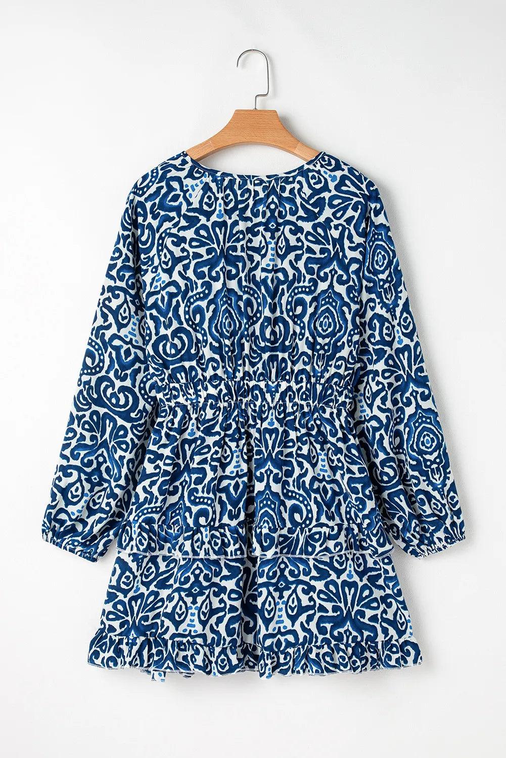 Printed Tie Neck Long Sleeve Dress - Blu Lotus Boutique