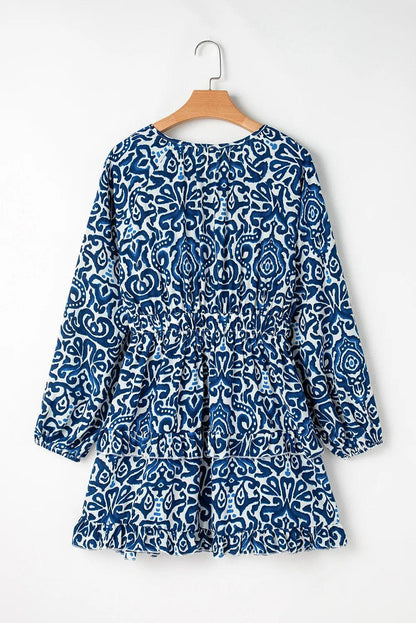 Printed Tie Neck Long Sleeve Dress - Blu Lotus Boutique