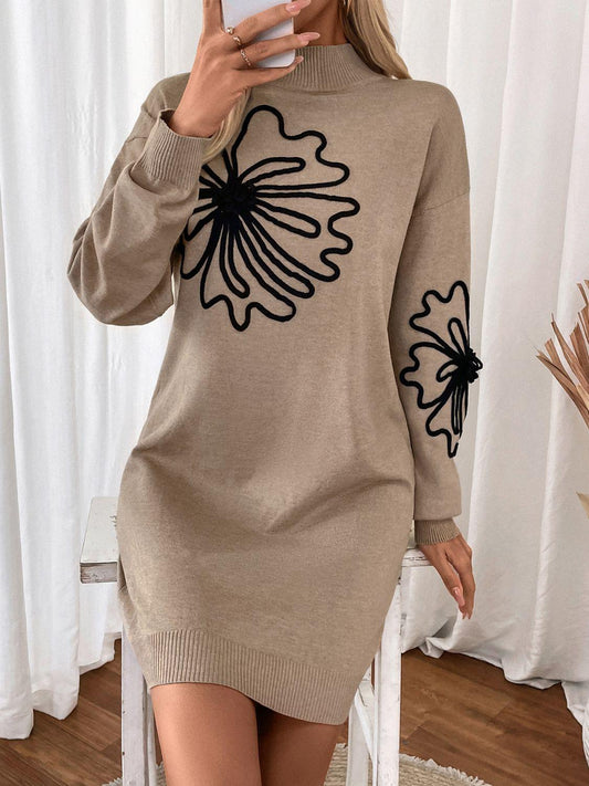 Perfee Flower Mock Neck Long Sleeve Sweater Dress - Blu Lotus Boutique