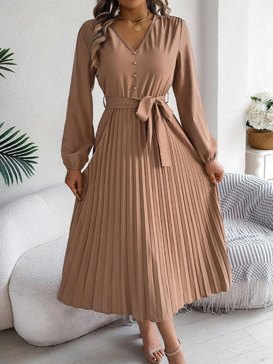 Pleated Tied V-Neck Long Sleeve Dress - Blu Lotus Boutique