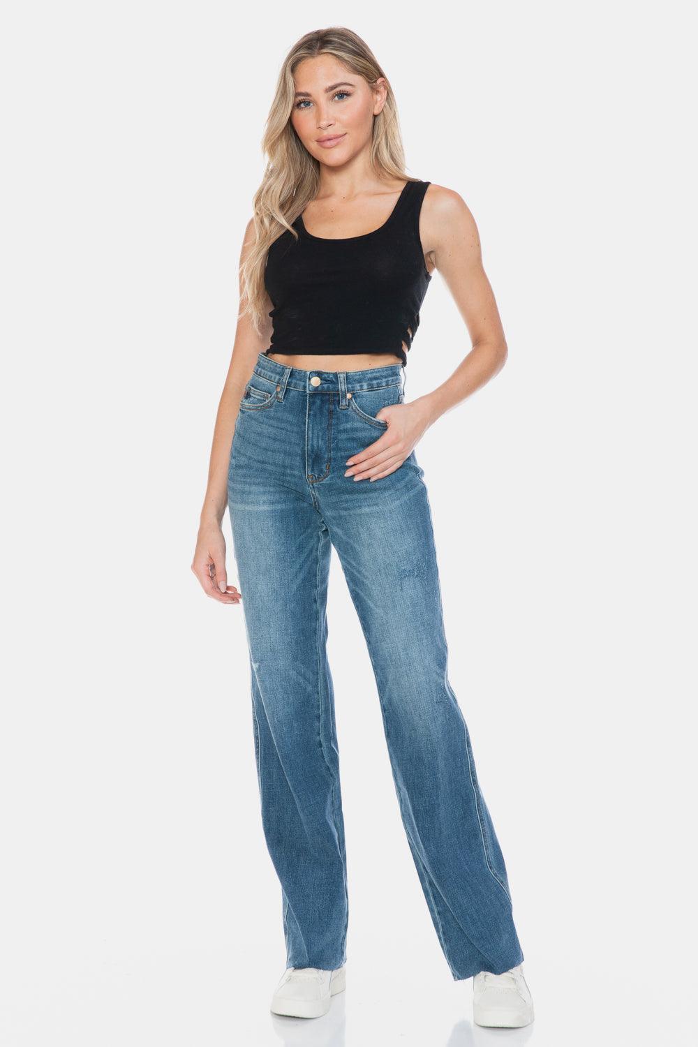 Judy Blue Full Size Tummy Control Cut Raw Hem Straight Jeans - Blu Lotus Boutique