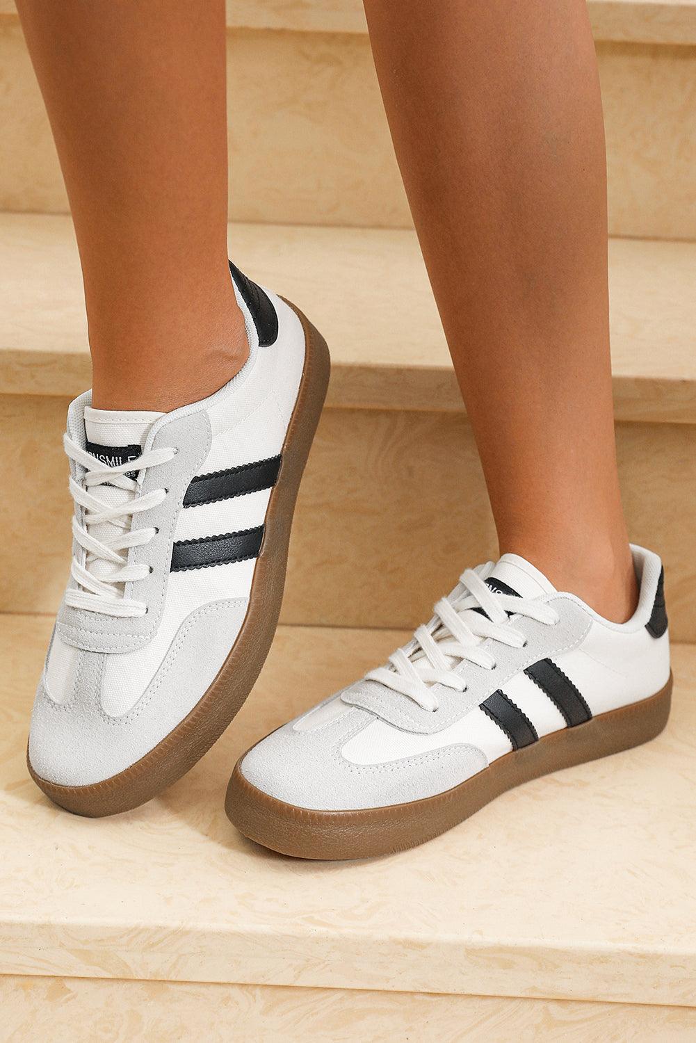 White Striped Lace-up Flat Sneakers - Blu Lotus Boutique