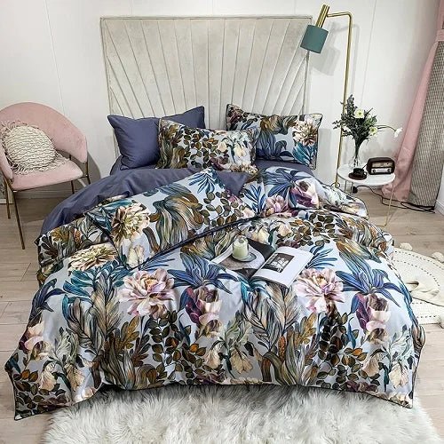 4/6Pcs Luxury Egyptian Cotton Soft Bedding Set Queen King Family size Bright Leaves Duvet Cover Flat sheet set Fitted sheet - Blu Lotus Boutique