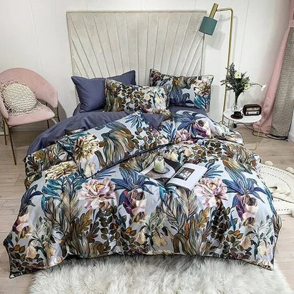 4/6Pcs Luxury Egyptian Cotton Soft Bedding Set Queen King Family size Bright Leaves Duvet Cover Flat sheet set Fitted sheet - Blu Lotus Boutique