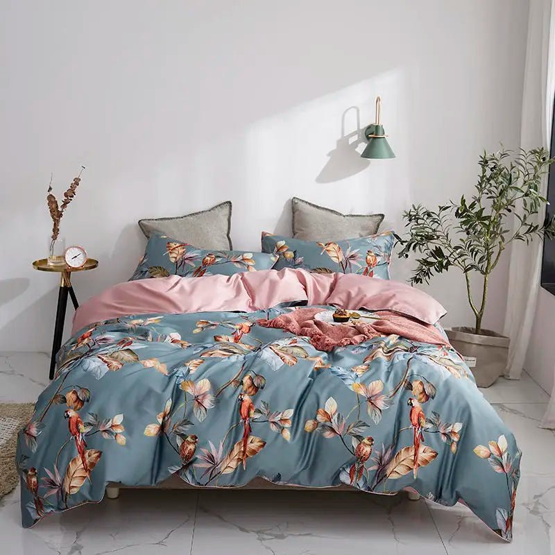 4/6Pcs Luxury Egyptian Cotton Soft Bedding Set Queen King Family size Bright Leaves Duvet Cover Flat sheet set Fitted sheet - Blu Lotus Boutique