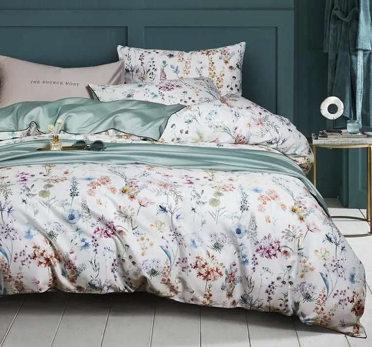 4/6Pcs Luxury Egyptian Cotton Soft Bedding Set Queen King Family size Bright Leaves Duvet Cover Flat sheet set Fitted sheet - Blu Lotus Boutique