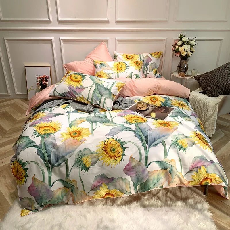 4/6Pcs Luxury Egyptian Cotton Soft Bedding Set Queen King Family size Bright Leaves Duvet Cover Flat sheet set Fitted sheet - Blu Lotus Boutique