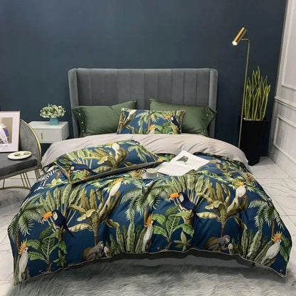 4/6Pcs Luxury Egyptian Cotton Soft Bedding Set Queen King Family size Bright Leaves Duvet Cover Flat sheet set Fitted sheet - Blu Lotus Boutique