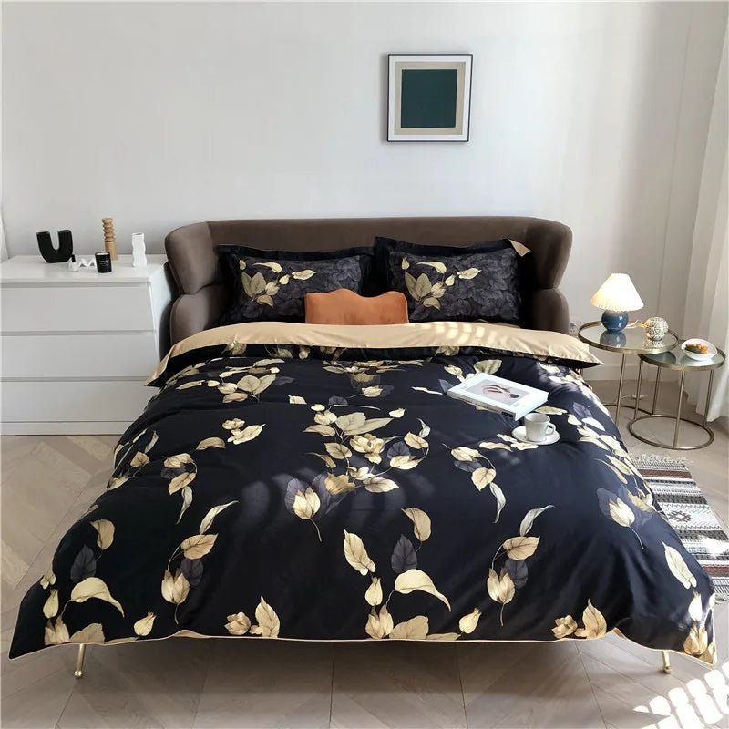 4/6Pcs Luxury Egyptian Cotton Soft Bedding Set Queen King Family size Bright Leaves Duvet Cover Flat sheet set Fitted sheet - Blu Lotus Boutique