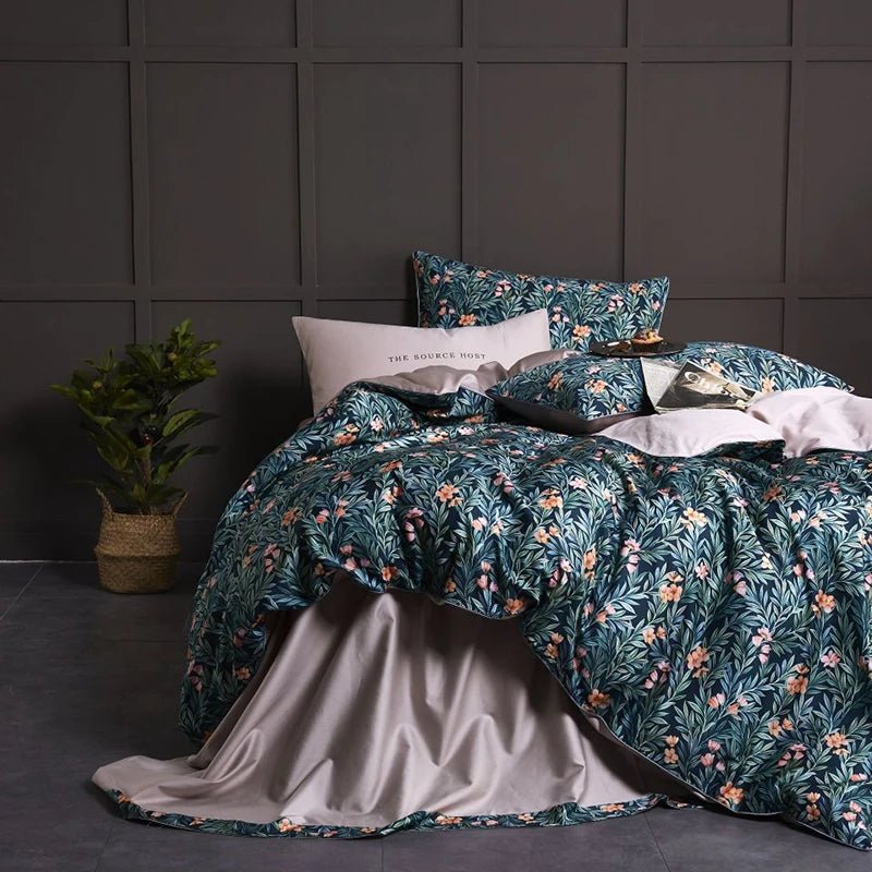 4/6Pcs Luxury Egyptian Cotton Soft Bedding Set Queen King Family size Bright Leaves Duvet Cover Flat sheet set Fitted sheet - Blu Lotus Boutique