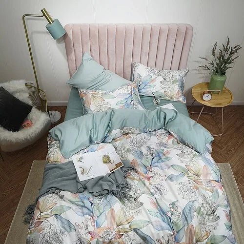 4/6Pcs Luxury Egyptian Cotton Soft Bedding Set Queen King Family size Bright Leaves Duvet Cover Flat sheet set Fitted sheet - Blu Lotus Boutique
