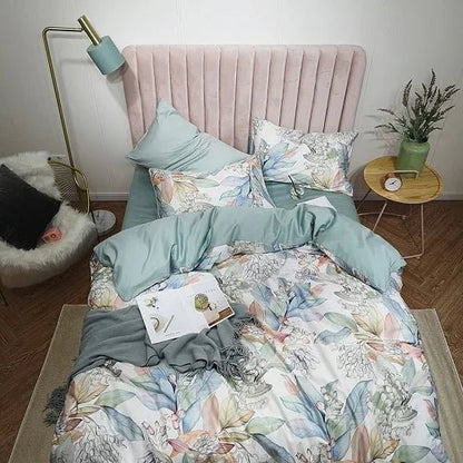 4/6Pcs Luxury Egyptian Cotton Soft Bedding Set Queen King Family size Bright Leaves Duvet Cover Flat sheet set Fitted sheet - Blu Lotus Boutique