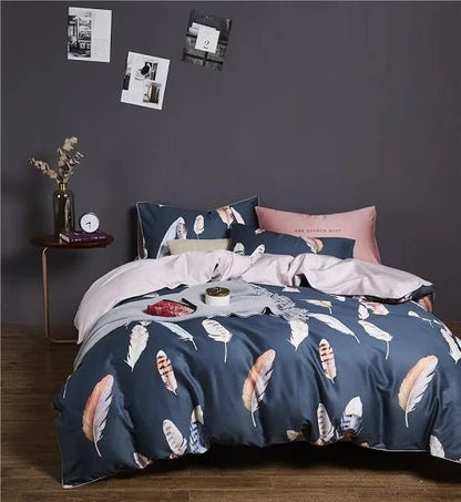4/6Pcs Luxury Egyptian Cotton Soft Bedding Set Queen King Family size Bright Leaves Duvet Cover Flat sheet set Fitted sheet - Blu Lotus Boutique