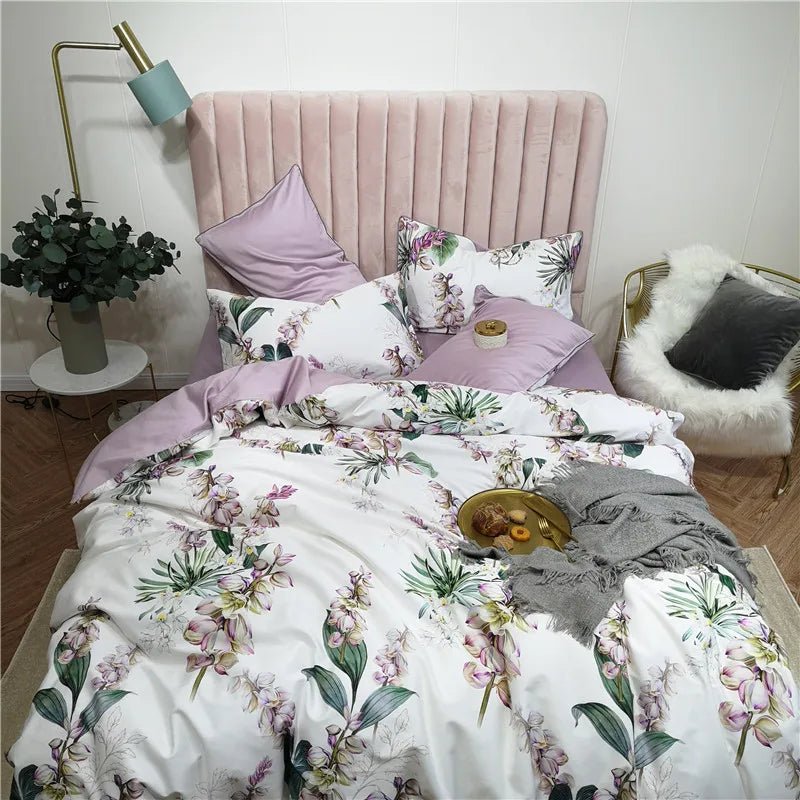 4/6Pcs Luxury Egyptian Cotton Soft Bedding Set Queen King Family size Bright Leaves Duvet Cover Flat sheet set Fitted sheet - Blu Lotus Boutique