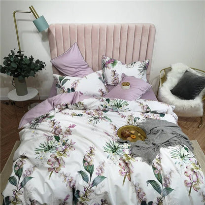 4/6Pcs Luxury Egyptian Cotton Soft Bedding Set Queen King Family size Bright Leaves Duvet Cover Flat sheet set Fitted sheet - Blu Lotus Boutique