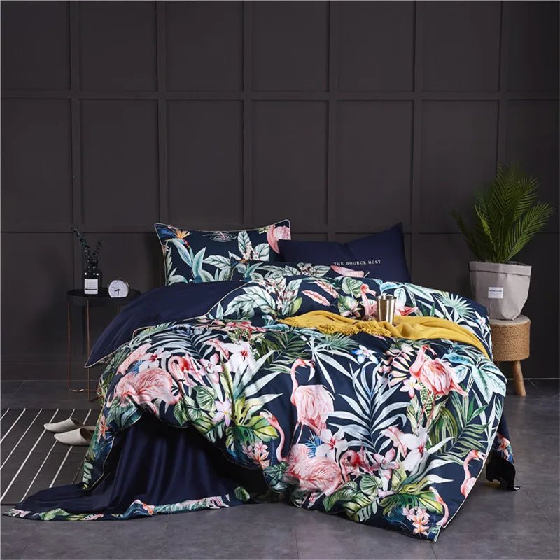 4/6Pcs Luxury Egyptian Cotton Soft Bedding Set Queen King Family size Bright Leaves Duvet Cover Flat sheet set Fitted sheet - Blu Lotus Boutique