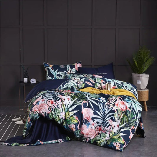 4/6Pcs Luxury Egyptian Cotton Soft Bedding Set Queen King Family size Bright Leaves Duvet Cover Flat sheet set Fitted sheet - Blu Lotus Boutique