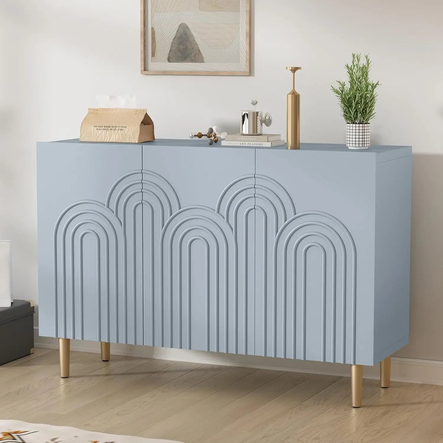 47" Accent Cabinet with Cloud Relief, Sideboard Buffet Cabinet with 3 Doors, Modern Decorative Credenza with Storage fo - Blu Lotus Boutique