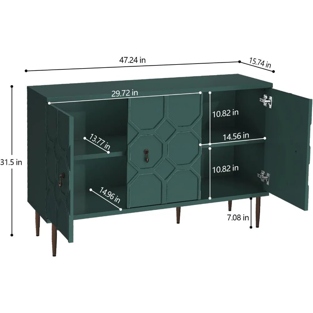 47" Green Accent Cabinet with Doors and Shelves, Sideboard Buffet with 3 Decorative Embossed Pattern Doors, Credenza Storage for - Blu Lotus Boutique