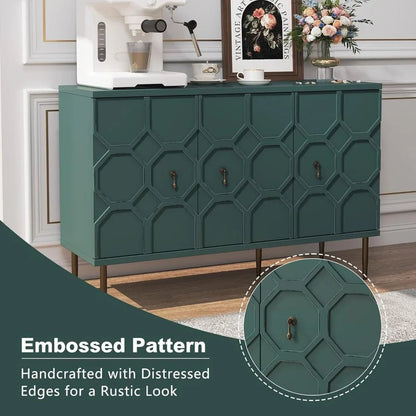 47" Green Accent Cabinet with Doors and Shelves, Sideboard Buffet with 3 Decorative Embossed Pattern Doors, Credenza Storage for - Blu Lotus Boutique