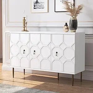 47" Green Accent Cabinet with Doors and Shelves, Sideboard Buffet with 3 Decorative Embossed Pattern Doors, Credenza Storage for - Blu Lotus Boutique