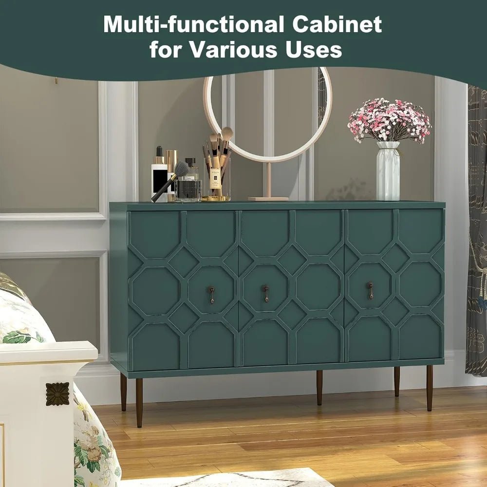 47" Green Accent Cabinet with Doors and Shelves, Sideboard Buffet with 3 Decorative Embossed Pattern Doors, Credenza Storage for - Blu Lotus Boutique