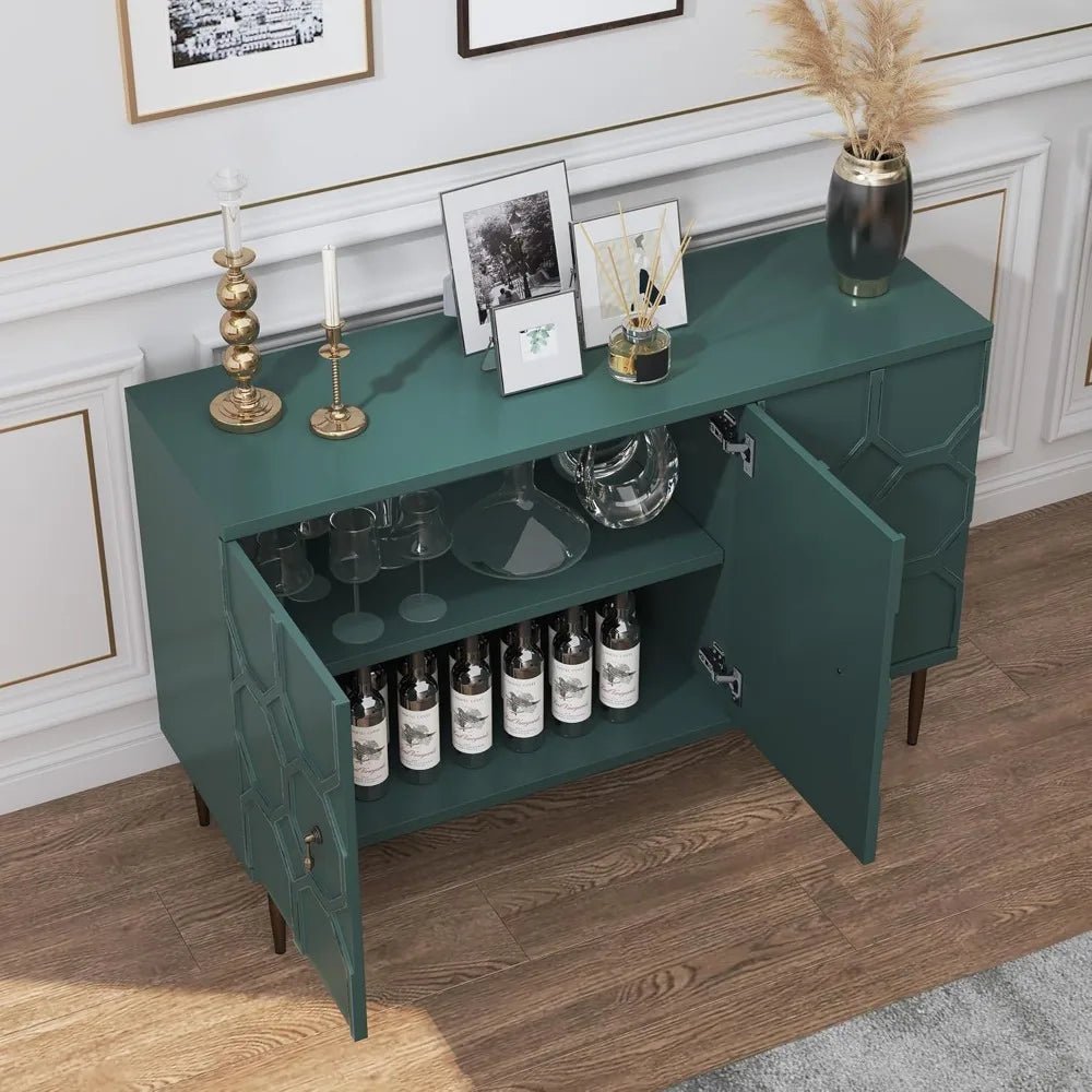 47" Green Accent Cabinet with Doors and Shelves, Sideboard Buffet with 3 Decorative Embossed Pattern Doors, Credenza Storage for - Blu Lotus Boutique
