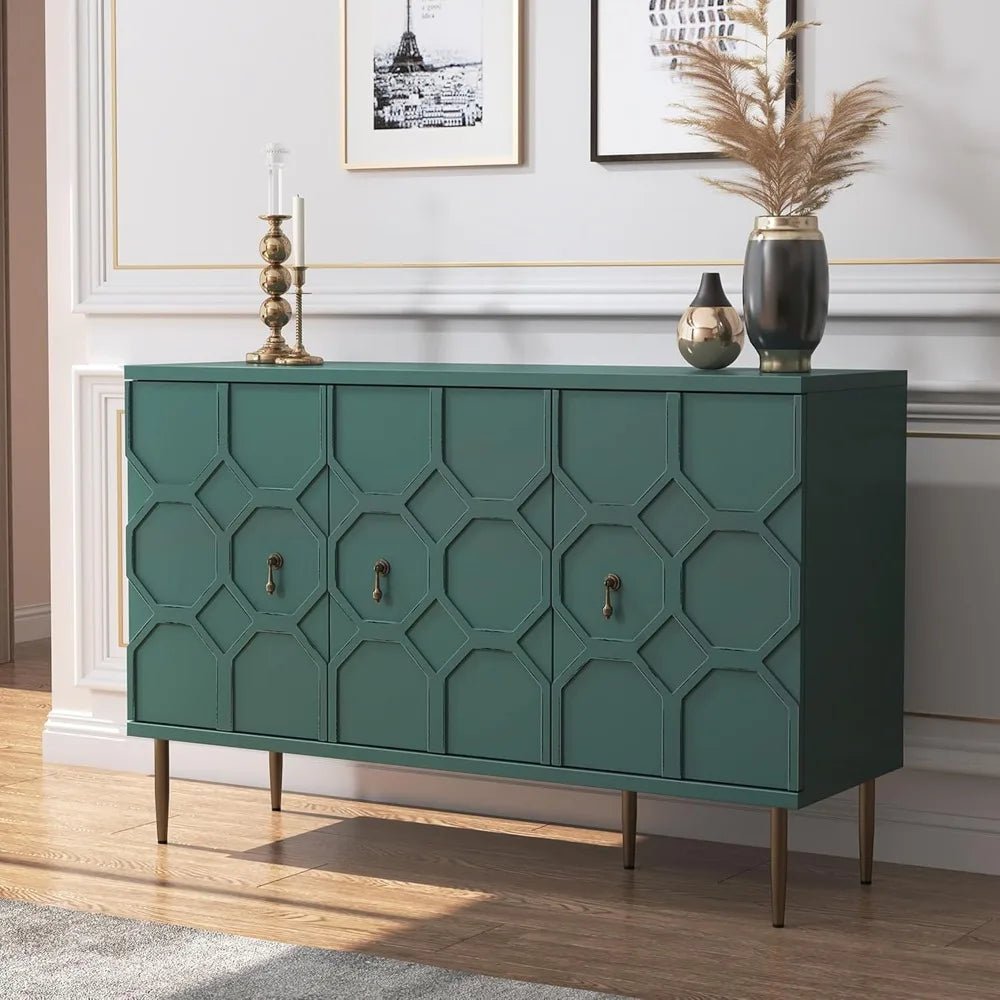 47" Green Accent Cabinet with Doors and Shelves, Sideboard Buffet with 3 Decorative Embossed Pattern Doors, Credenza Storage for - Blu Lotus Boutique