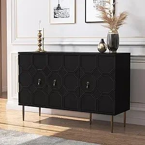47" Green Accent Cabinet with Doors and Shelves, Sideboard Buffet with 3 Decorative Embossed Pattern Doors, Credenza Storage for - Blu Lotus Boutique