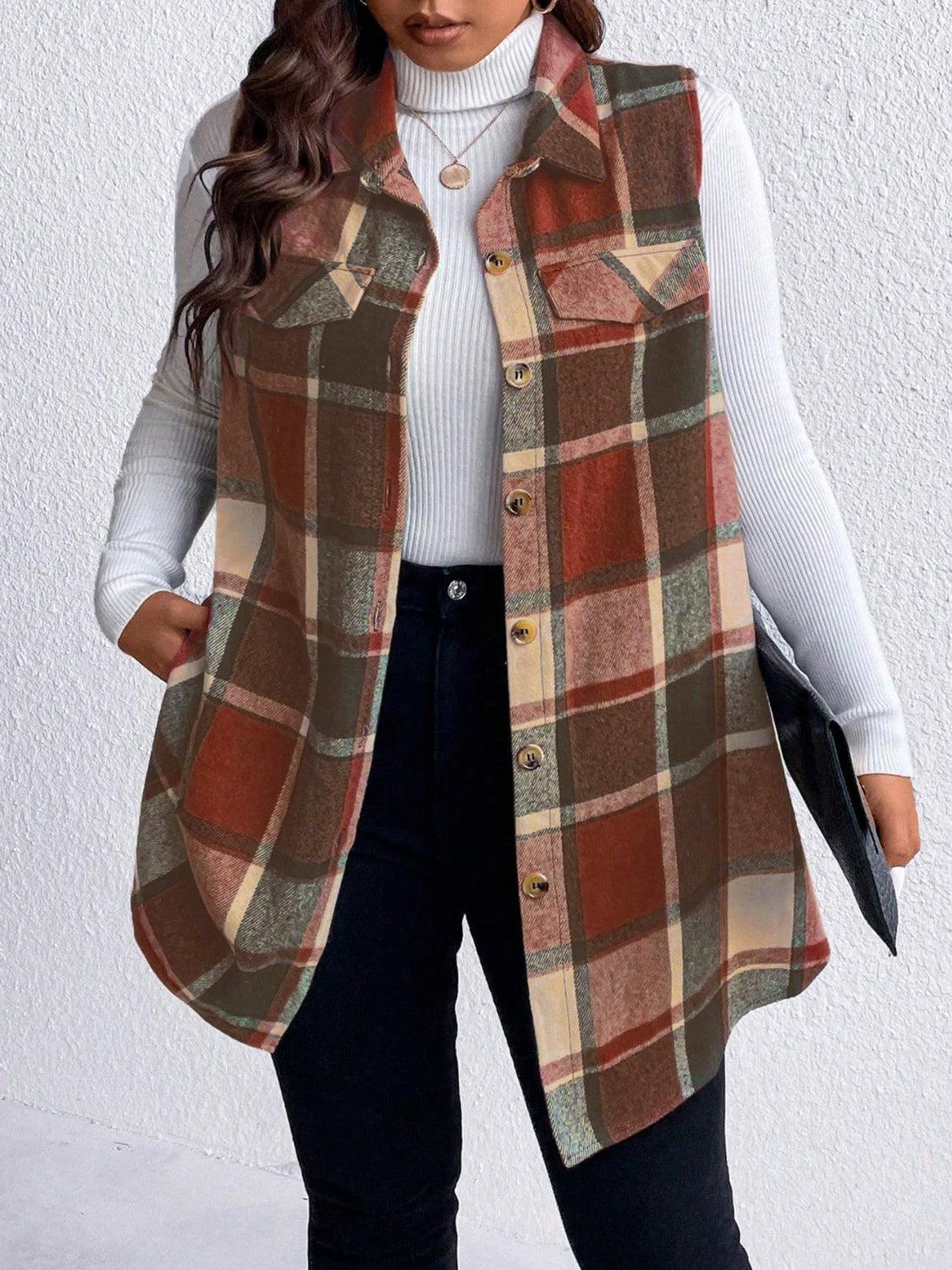 Honey Plus Size Pocketed Plaid Button Up Vest Coat - Blu Lotus Boutique