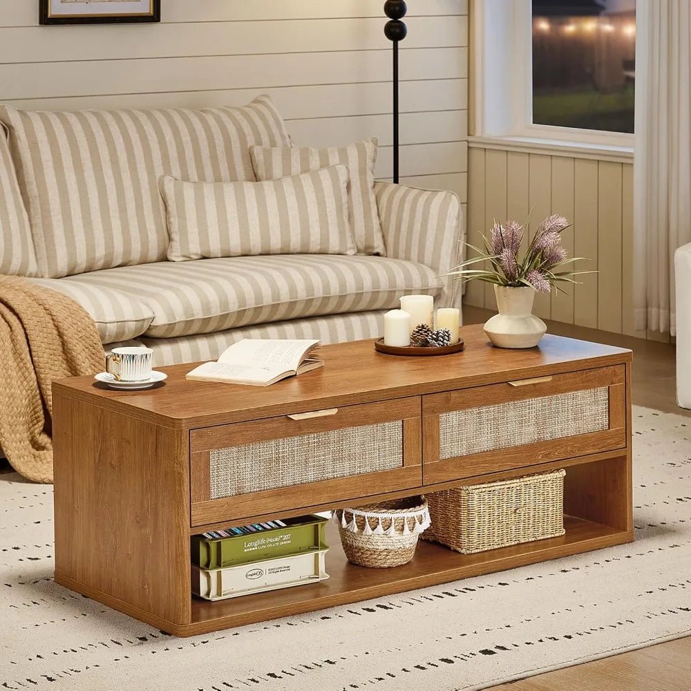48" Farmhouse Boho Rattan Coffee Table with 2 Woven Drawers,Rectangular Coffee Tables with Hidden Storage Compartment - Blu Lotus Boutique