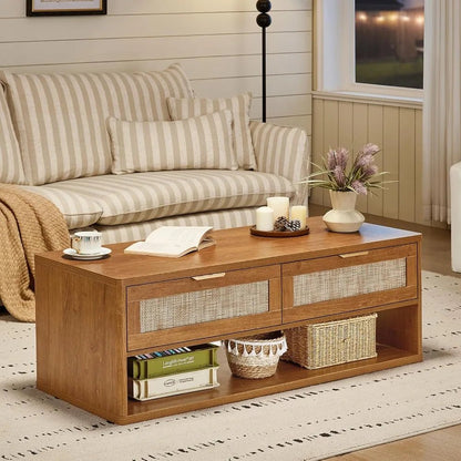48" Farmhouse Boho Rattan Coffee Table with 2 Woven Drawers,Rectangular Coffee Tables with Hidden Storage Compartment - Blu Lotus Boutique