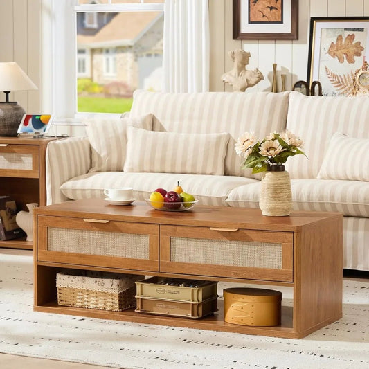 48" Farmhouse Boho Rattan Coffee Table with 2 Woven Drawers,Rectangular Coffee Tables with Hidden Storage Compartment - Blu Lotus Boutique