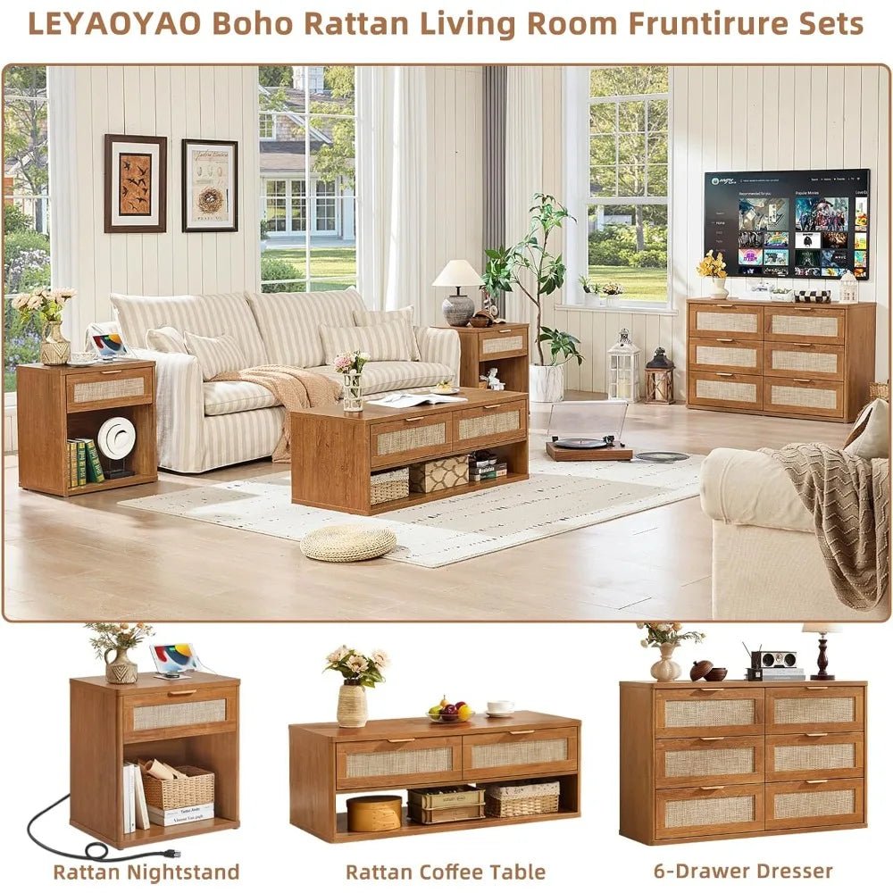 48" Farmhouse Boho Rattan Coffee Table with 2 Woven Drawers,Rectangular Coffee Tables with Hidden Storage Compartment - Blu Lotus Boutique