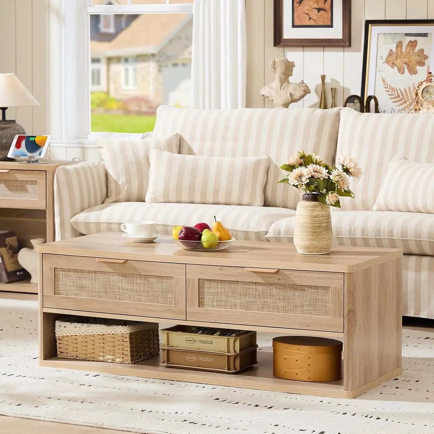 48" Farmhouse Boho Rattan Coffee Table with 2 Woven Drawers,Rectangular Coffee Tables with Hidden Storage Compartment - Blu Lotus Boutique