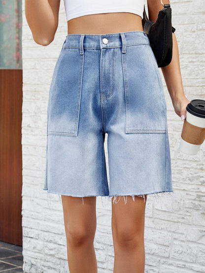 Buttoned Raw Hem Denim Shorts with Pockets - Blu Lotus Boutique