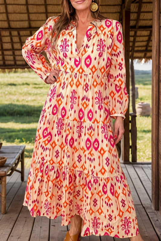 Tiered Printed Notched Long Sleeve Midi Dress - Blu Lotus Boutique