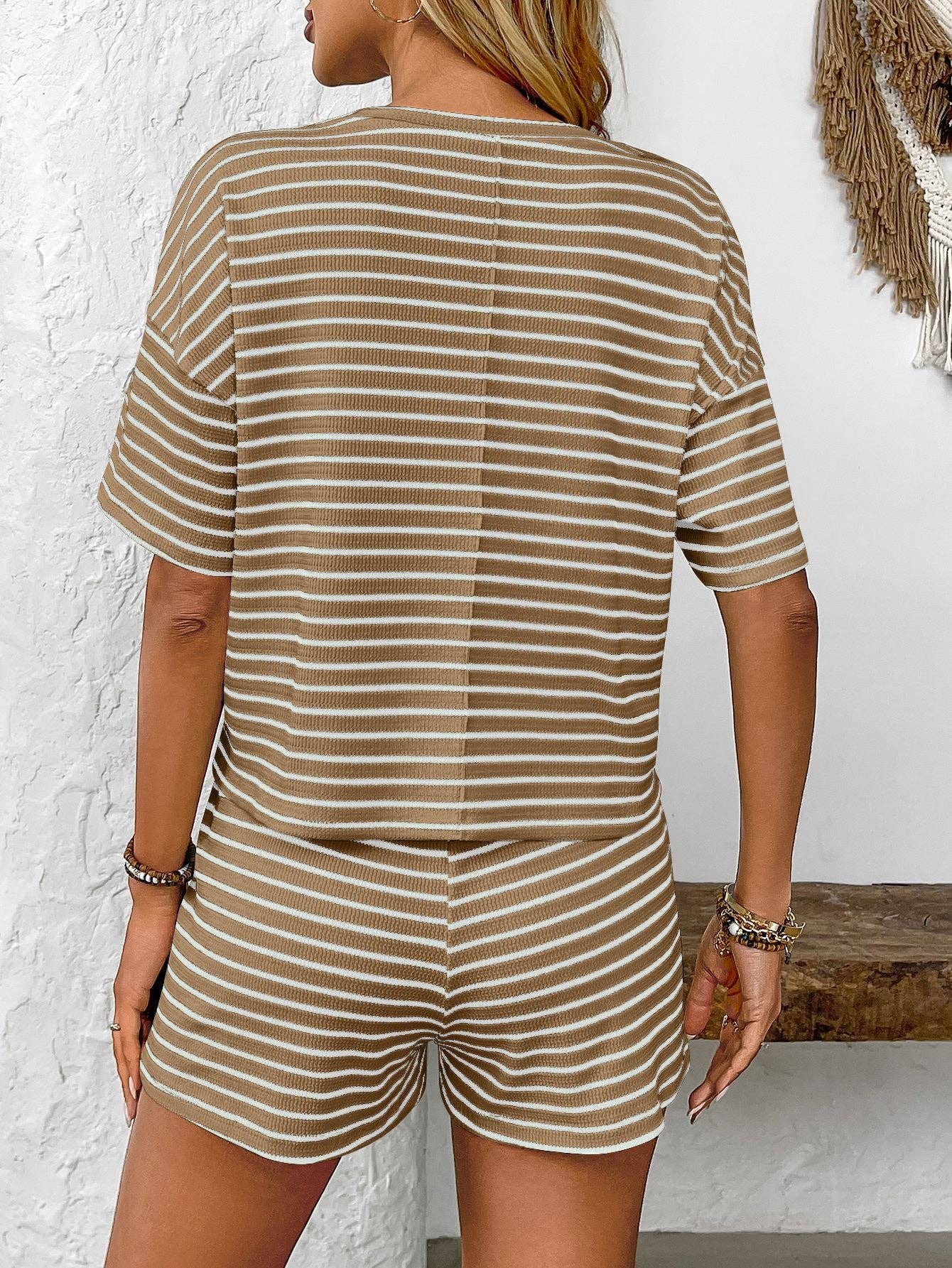 Womens Striped Lounge Set Casual Tee and Shorts Set