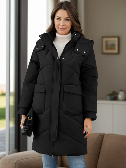 Long Sleeve Longline Hooded Winter Coat with Pockets - Blu Lotus Boutique