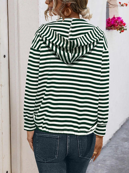 Drawstring Striped Long Sleeve Hoodie - Blu Lotus Boutique