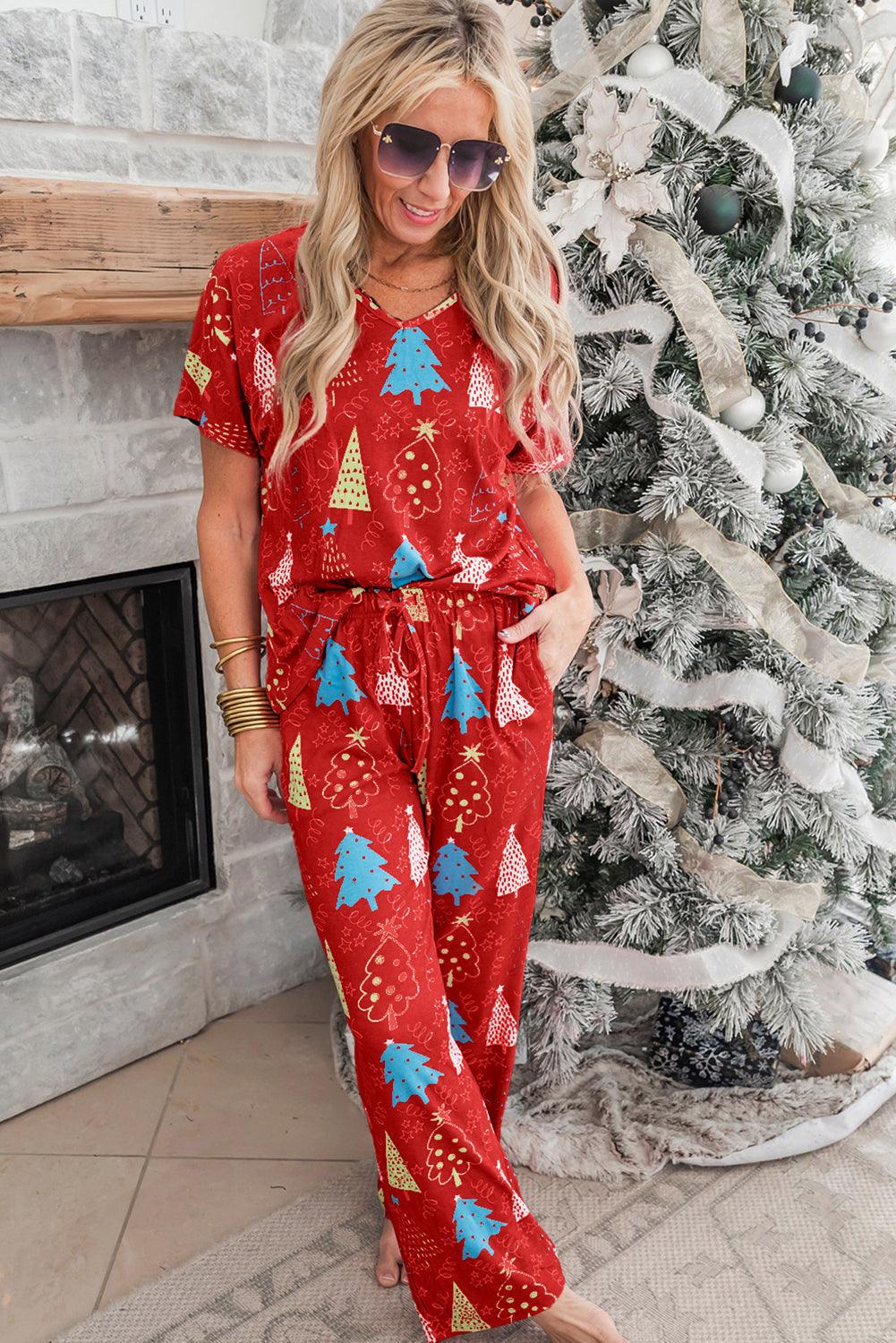 Rose Christmas Tree Print V Neck Tee and Pants Lounge Set - Blu Lotus Boutique