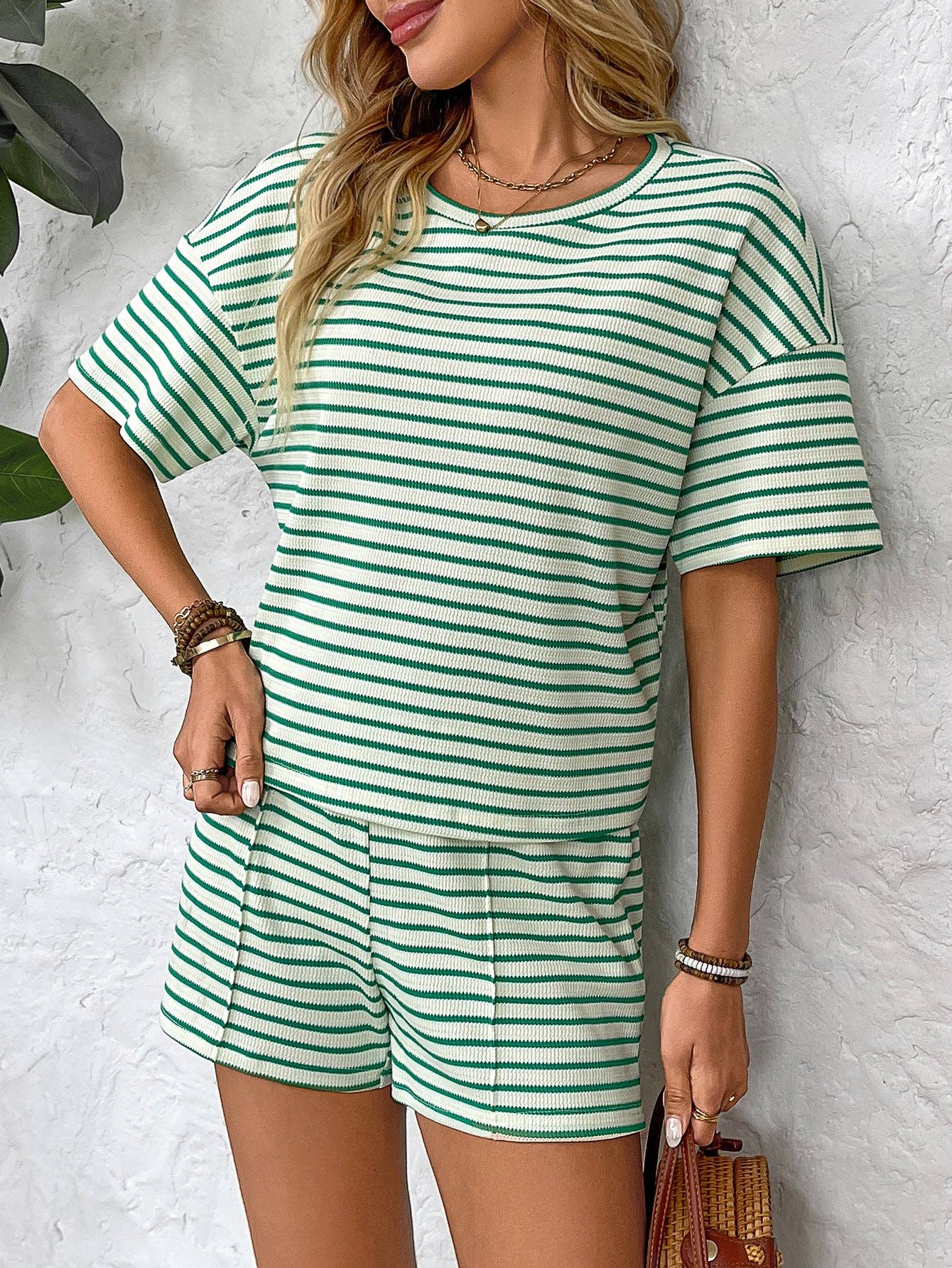 Womens Striped Lounge Set Casual Tee and Shorts Set