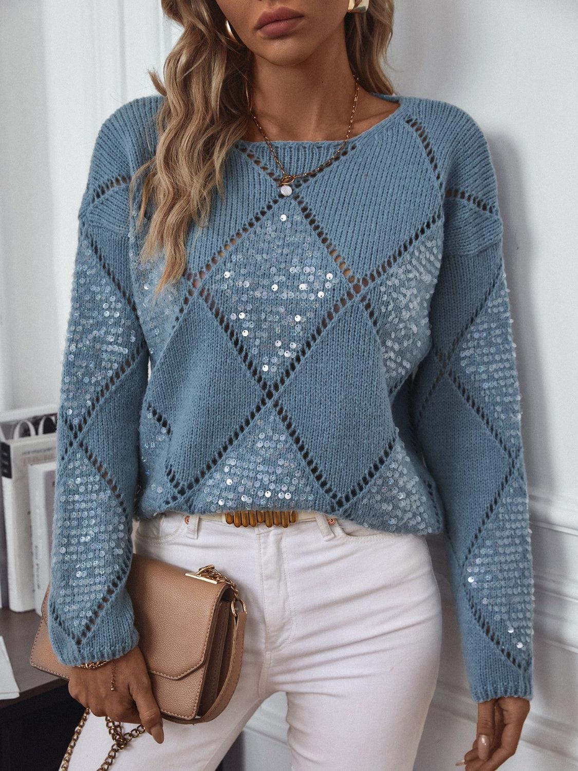 Openwork Round Neck Long Sleeve Knit Top - Blu Lotus Boutique