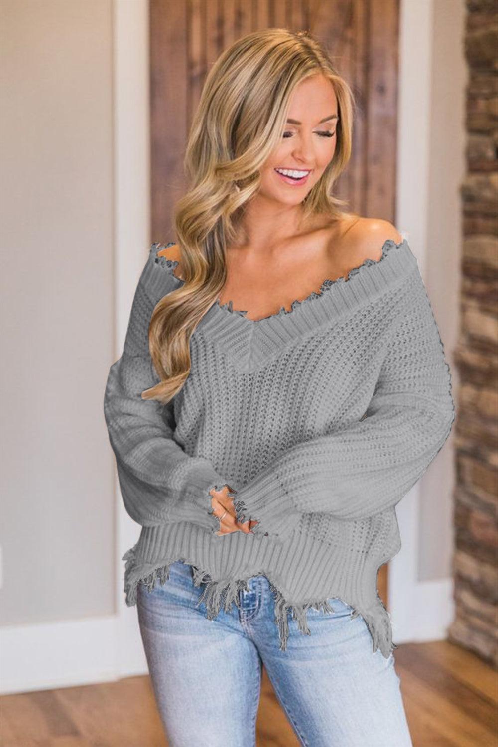 Frayed Hem Dropped Shoulder Sweater - Blu Lotus Boutique