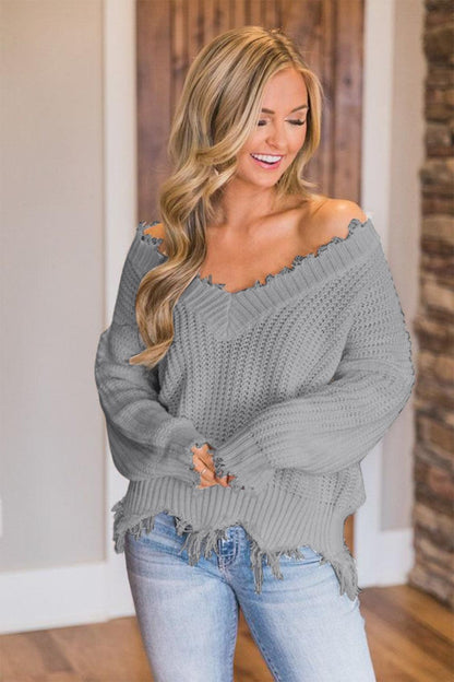 Frayed Hem Dropped Shoulder Sweater - Blu Lotus Boutique