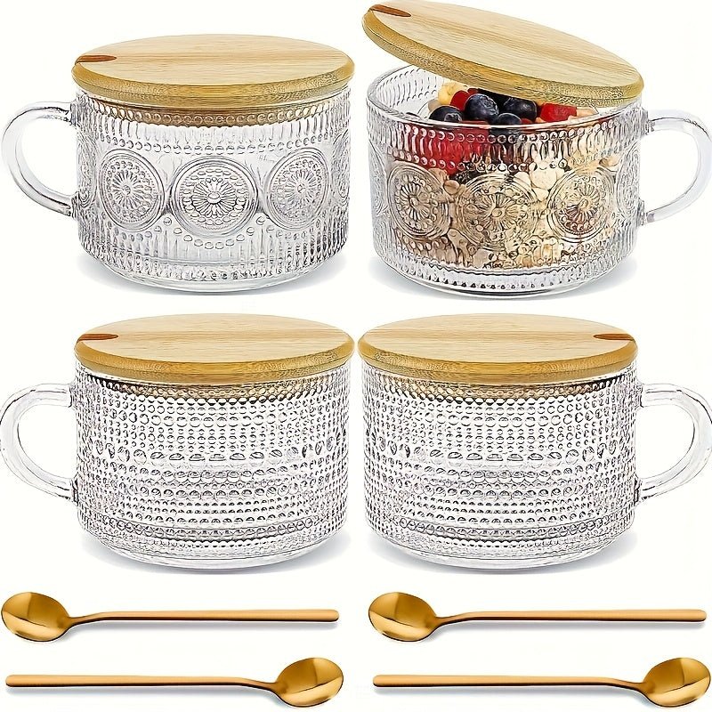 4pcs Set Retro Coffee Cups with Bamboo Lids & Spoons - 450ml/15.2oz Thermal Shock Resistant Borosilicate Glass Mugs, Leakproof Overnight Oat Containers, Dishwasher Safe - Elegant Vintage Design for Hot/Cold Drinks, Cappuccino, Latte, Iced Coffee - Ideal f - Blu Lotus Boutique