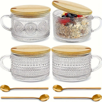 4pcs Set Retro Coffee Cups with Bamboo Lids & Spoons - 450ml/15.2oz Thermal Shock Resistant Borosilicate Glass Mugs, Leakproof Overnight Oat Containers, Dishwasher Safe - Elegant Vintage Design for Hot/Cold Drinks, Cappuccino, Latte, Iced Coffee - Ideal f - Blu Lotus Boutique