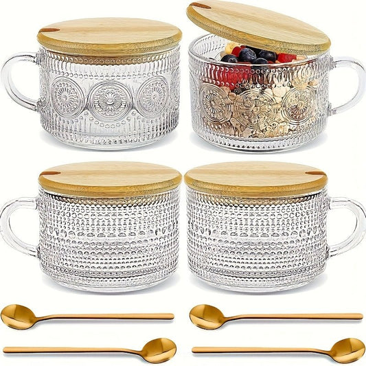 4pcs Set Retro Coffee Cups with Bamboo Lids & Spoons - 450ml/15.2oz Thermal Shock Resistant Borosilicate Glass Mugs, Leakproof Overnight Oat Containers, Dishwasher Safe - Elegant Vintage Design for Hot/Cold Drinks, Cappuccino, Latte, Iced Coffee - Ideal f - Blu Lotus Boutique