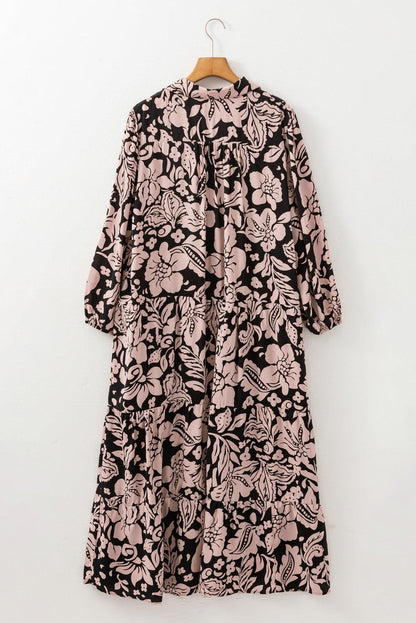 Black Plus Size Floral Printed Puff Sleeve Collared Maxi Dress