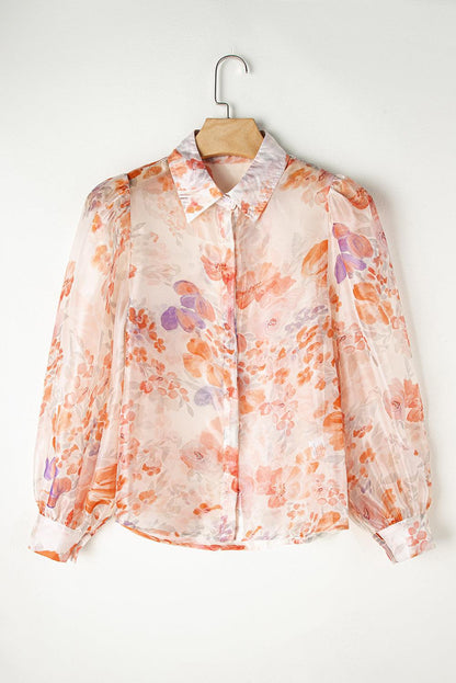 White Floral Print Collared Balloon Sleeve Loose Shirt - Blu Lotus Boutique